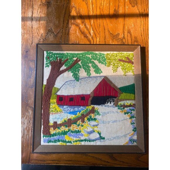 Vintage Framed Crewel Covered Bridge Scene Wall Art 15"x15" Rustic Decor Handmad - Picture 2 of 8
